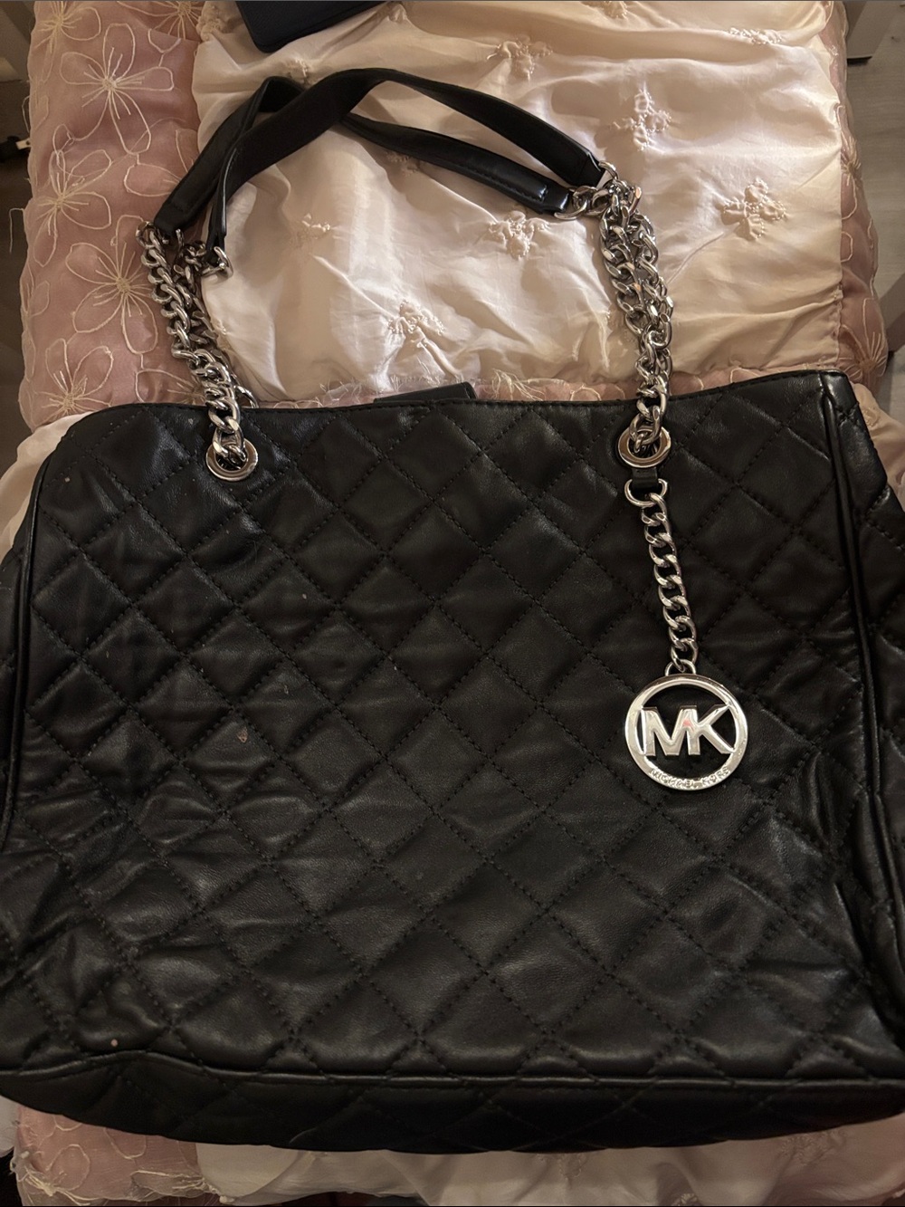 Michael Kors Black Quilted Tote with Silver Chains & Silver MK Charm-